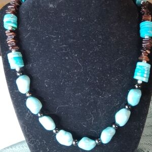 SLEEPING BEAUTY TURQUOISE, OYSTER SHELL, STERLING, BLACK ONYX. NECKLACE, 26"- L